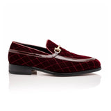 Mauri Allure in Ruby Red Mens Quilted Velvet / Patent leather Mens Slip-on Horsebit Loafers in Ruby Red #color_ Ruby Red