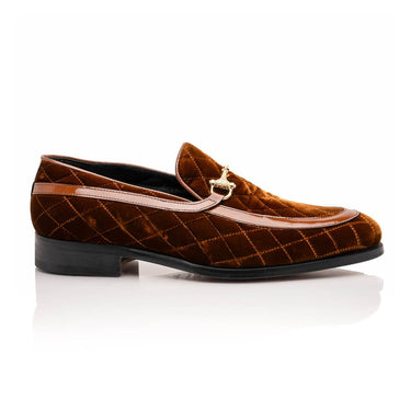 Mauri Allure in Cognac Mens Quilted Velvet / Patent Leather Slip-on Horsebit Loafers in Cognac #color_ Cognac