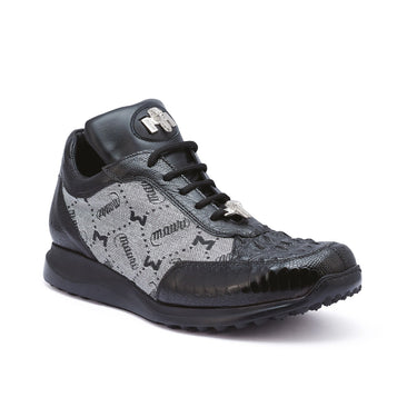 Mauri Carange in Black / Grey Mens Ostrich Leg / Hornback Crown / Fabric Sneakers in Black Grey #color_ Black Grey