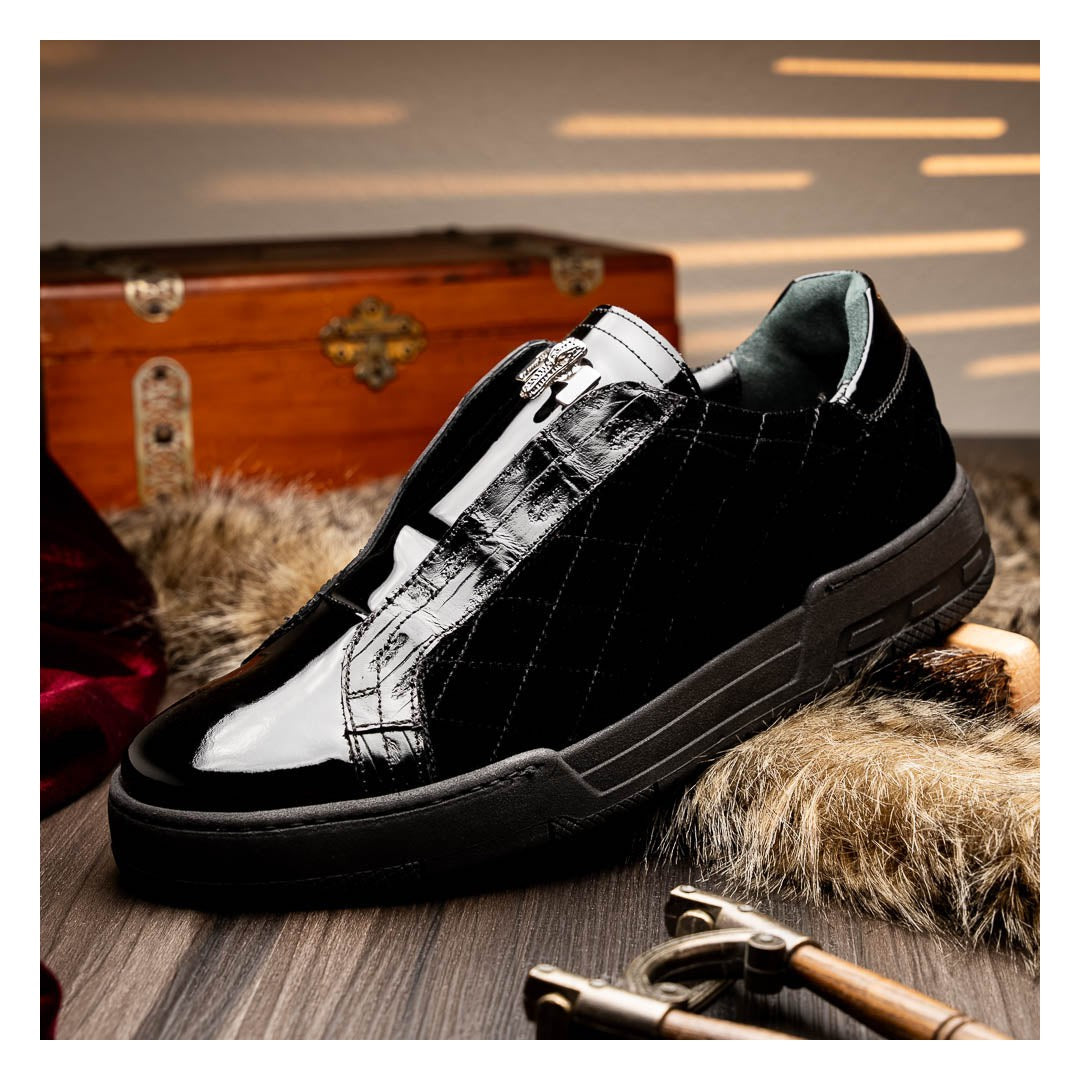 Mauri Regata in Black Mens Exotic Crocodile / Quilted Velvet / Patent Leather Slip-On Sneakers in #color_