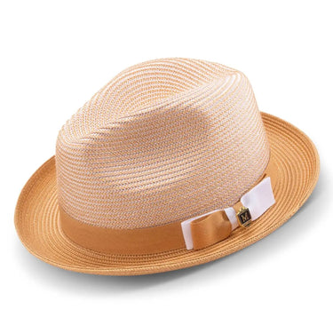 Montique Landon Two-Toned Polybraid Straw Fedora in Cognac #color_ Cognac