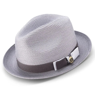 Montique Landon Two-Toned Polybraid Straw Fedora in Grey #color_ Grey