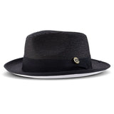 Montique Patterson White Bottom Pinch Front Straw Fedora in Black / White #color_ Black / White