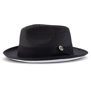 Montique Patterson White Bottom Pinch Front Straw Fedora in Black / White #color_ Black / White