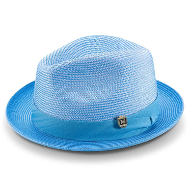 Montique Porter Two-Toned Polybraid Straw Fedora in Aqua #color_ Aqua