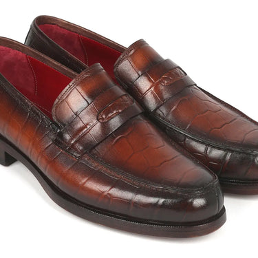 Paul Parkman Croco-Embossed Calfskin Penny Loafers in Brown in #color_