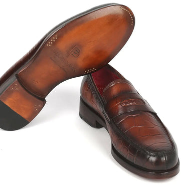 Paul Parkman Croco-Embossed Calfskin Penny Loafers in Brown in #color_