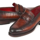 Paul Parkman Croco-Embossed Calfskin Penny Loafers in Brown in #color_