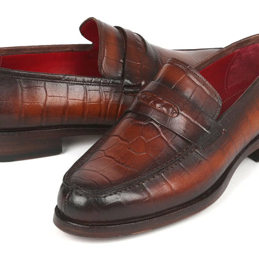 Paul Parkman Croco-Embossed Calfskin Penny Loafers in Brown in #color_