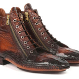 Paul Parkman Croco-Textured Calfskin Handmade Zipper Boots in Brown Burnished in #color_