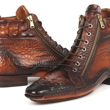 Paul Parkman Croco-Textured Calfskin Handmade Zipper Boots in Brown Burnished in #color_