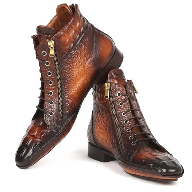 Paul Parkman Croco-Textured Calfskin Handmade Zipper Boots in Brown Burnished in #color_