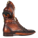 Paul Parkman Croco-Textured Calfskin Handmade Zipper Boots in Brown Burnished in #color_