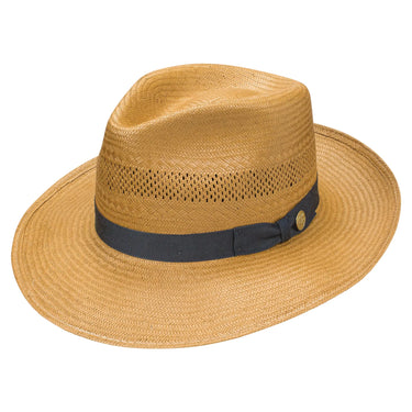 Stetson Alderton Vented Wide Brim Shantung Straw Fedora in Cognac / Navy #color_ Cognac / Navy