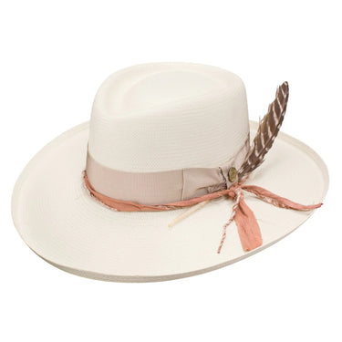 Stetson Kings Row Wide Brim Shantung Straw Fedora in Natural w/ Peach Band #color_ Natural w/ Peach Band