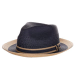 Steven Land Adrian Vented Pinch Front Polybraid Straw Fedora in Navy / Cognac #color_ Navy / Cognac