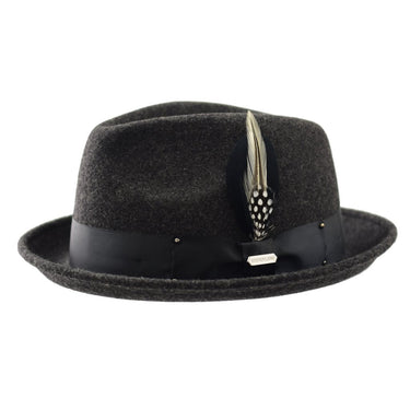 Steven Land Ayden Wool Pinch Front Fedora in Charcoal Black #color_ Charcoal Black