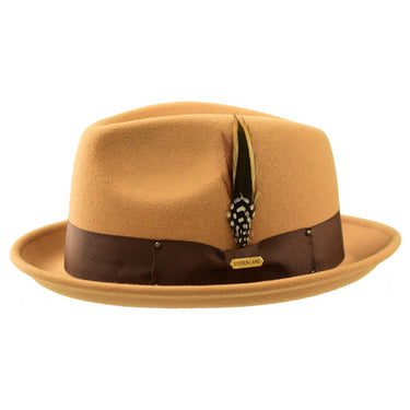 Steven Land Ayden Wool Pinch Front Fedora in Butterscotch #color_ Butterscotch