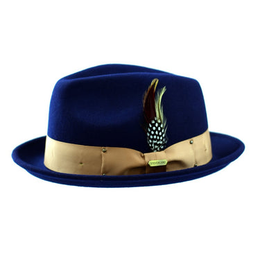 Steven Land Ayden Wool Pinch Front Fedora in Navy / Camel #color_ Navy / Camel