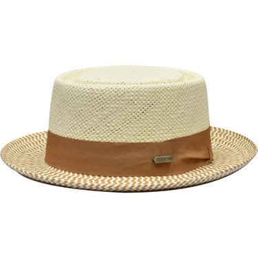 Steven Land Diplomat Straw Two-Tone Pork Pie in Ivory / Cognac #color_ Ivory / Cognac