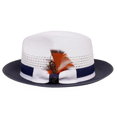 Steven Land Elliott Pinch Front Natural Straw Fedora in White / Navy #color_ White / Navy