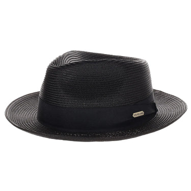 Steven Land Jordan Pinch Front Polybraid Straw Fedora in Black #color_ Black