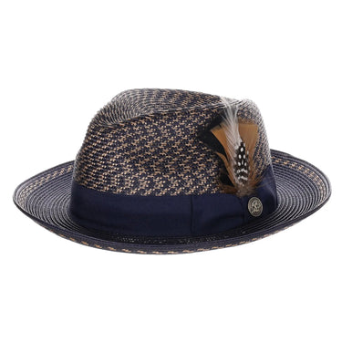 Steven Land Wall Street Hemp Straw Fedora in Navy / Camel #color_ Navy / Camel