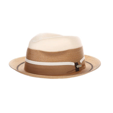 Steven Land 5th Avenue Milan Straw Fedora in Ivory / Cognac / Brown #color_ Ivory / Cognac / Brown