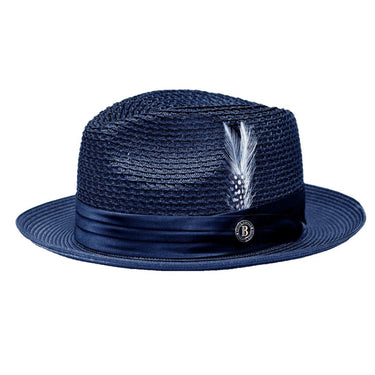 Bruno Capelo Julian Pinch Front Straw Fedora in Navy Blue #color_ Navy Blue