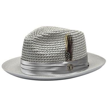 Bruno Capelo Julian Pinch Front Straw Fedora in Silver Grey #color_ Silver Grey