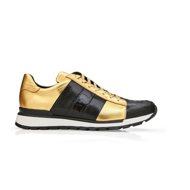 Belvedere Blake in Black / Gold Color Block Exotic Skin Sneakers in Black Gold #color_ Black Gold