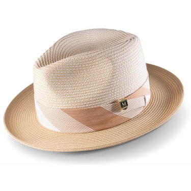 Montique Triple Crown Pinch Front Straw Fedora in Beige #color_ Beige