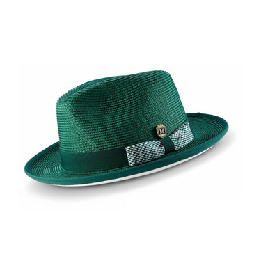 Montique Debonair White Bottom Houndstooth Band Straw Fedora in Emerald / White #color_ Emerald / White