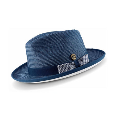 Montique Debonair White Bottom Houndstooth Band Straw Fedora in Navy / White #color_ Navy / White