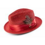 Montique Fairmont Pinch Front Polybraid Straw Fedora in Crimson #color_ Crimson