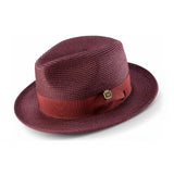 Montique Belmont Pinch Front Polybraid Straw Fedora in Wine #color_ Wine