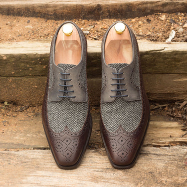 DapperFam Zephyr in Dark Brown / Herringbone / Grey Men's Sartorial & Italian Leather Longwing Blucher in #color_