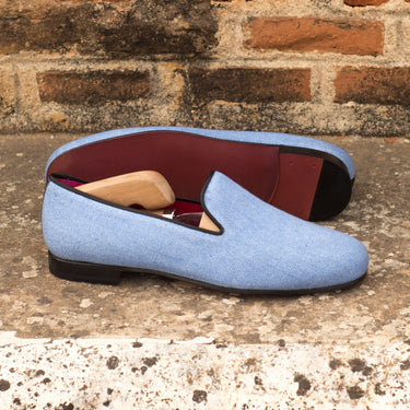 DapperFam Enzo in Blue / Black Men's Linen & Italian Leather Slipper in #color_