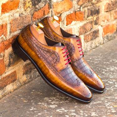 DapperFam Zephyr in Dark Brown / Cognac Men's Italian Embossed & Patina Leather Longwing Blucher in #color_