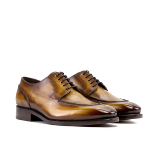 DapperFam Lorenzo in Cognac Men's Hand-Painted Patina Derby Split Toe in Cognac #color_ Cognac