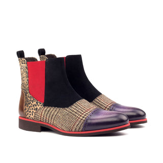 DapperFam Vesuvio in Tweed / Leopard / Black Men's Sartorial & Lux Suede & Hand-Painted Patina Chelsea Multi Boot in Tweed / Leopard / Black #color_ Tweed / Leopard / Black