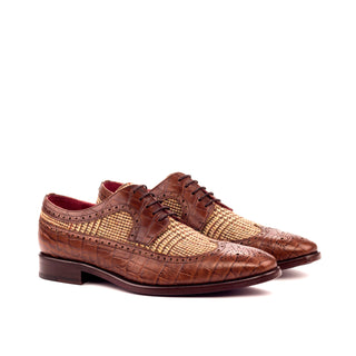 DapperFam Zephyr in Tweed / Dark Brown Men's Sartorial & Italian Croco Embossed Leather Longwing Blucher in Tweed / Dark Brown #color_ Tweed / Dark Brown